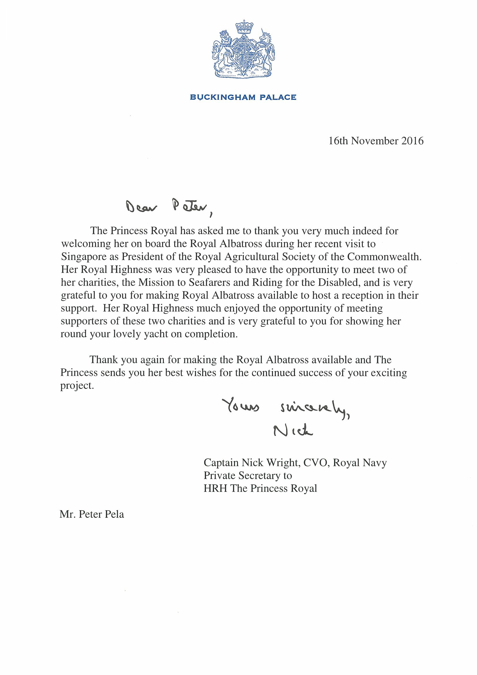 buckingham palace letter to royal albatross