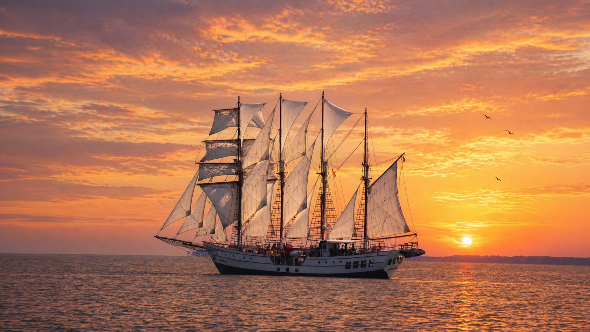 Royal Albatross tall ship sailing across the sea against the sunset