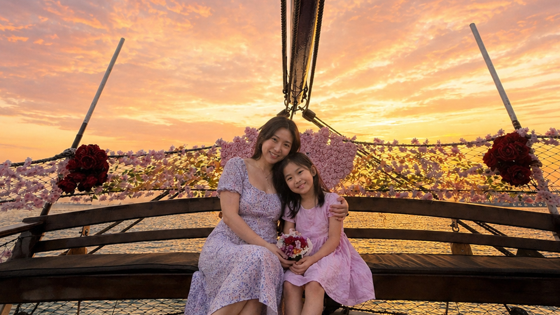 Family celebrating Mother’s Day in Singapore aboard Royal Albatross at sunset