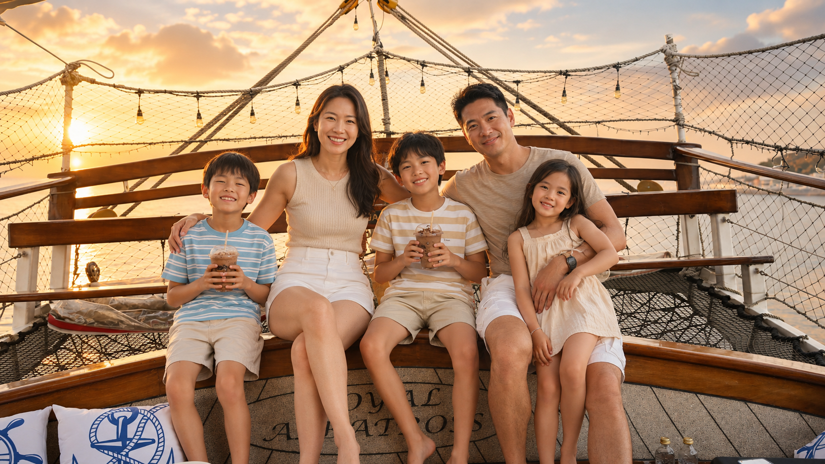 Family sailing on Royal Albatross during sunset.