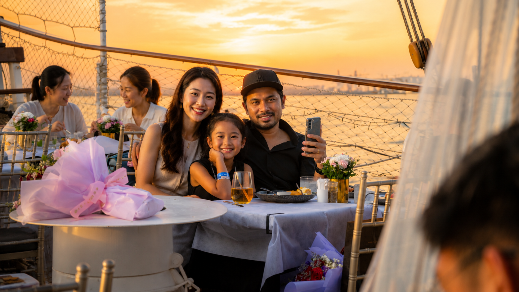 Family sailing on Royal Albatross on the Sunset Dinner Cruise